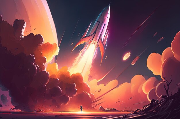 A space rocket takes off from a planet generative ai