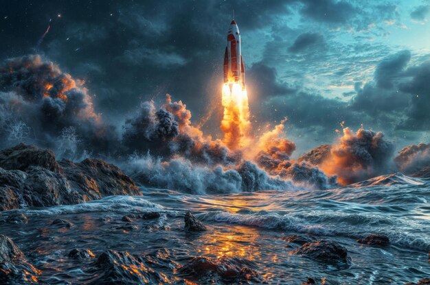 Space rocket takes off into the ocean