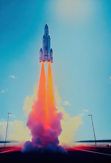 Space rocket takes off into the sky Spaceship flies to search for new planets