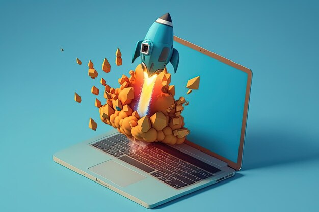 Space rocket taking off from laptop screen background Generative AI