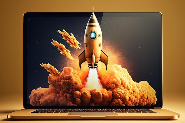 Space rocket taking off from laptop screen background Generative AI