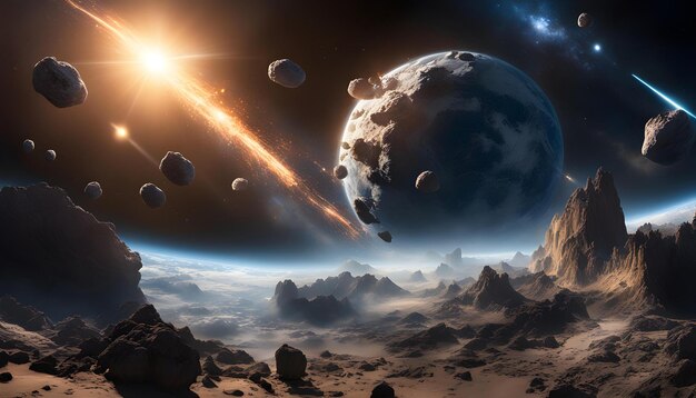 Photo space rocks falling on planet blasts and crashes of comets