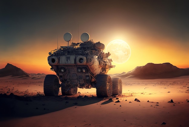 Space rover on red planet as Mars futuristic vehicle on deserted surface generative AI