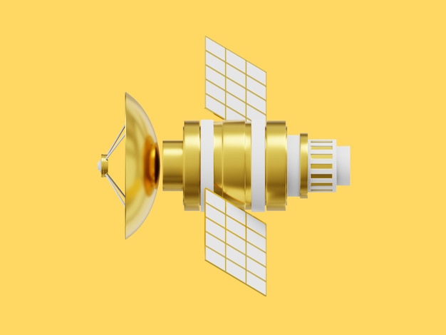 Photo space satellite with an antenna orbital communication station intelligence research 3d rendering realistic gold icon on yellow color background