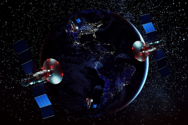 지구의 벽에 대 한 공간에서 안테나와 태양 전지 패널과 우주 위성. 통신, 초고속 인터넷, 우주 탐사. 혼합 매체. NASA가 제공 한 이미지
