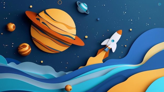 Космическая сцена на бумаге с ракетой и планетами