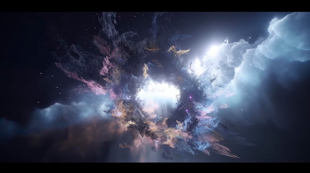 Космическая сцена с туманностью в центре и облаком в центре.