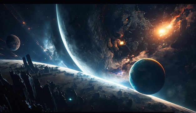 A space scene with planets and stars in the background