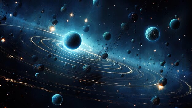 惑星、星、銀河のパノラマのある宇宙シーン
