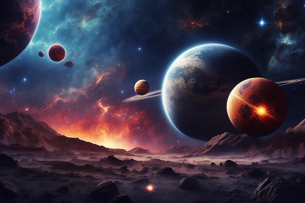 행성, 별, 성운 이 있는 우주 장면