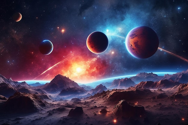 Космическая сцена с планетами, звездами и туманностью