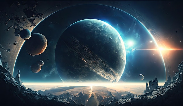 A space scene with planets and stars