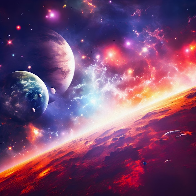 A space scene with planets and stars.