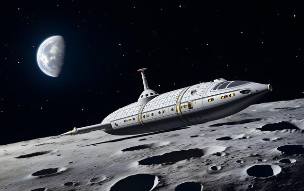 Photo space ship floating above moon 3d illustration