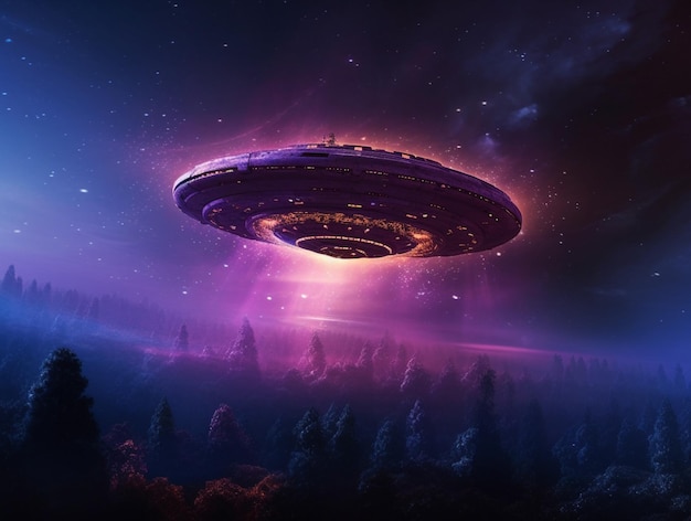 A space ship flying over a forest with a purple background.