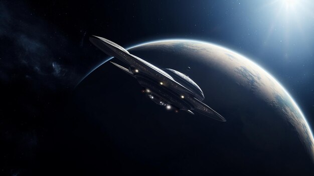 A space ship is flying over the planet earth.