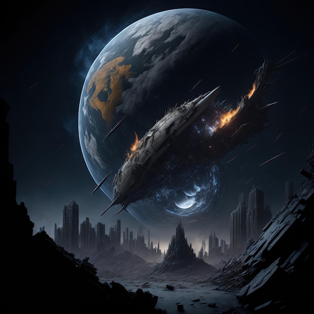 A space ship is flying over a planet with a planet in the background.