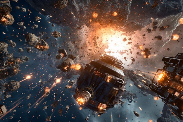 Photo a space ship is surrounded by a explosion and a spaceship is surrounded by a explosion.