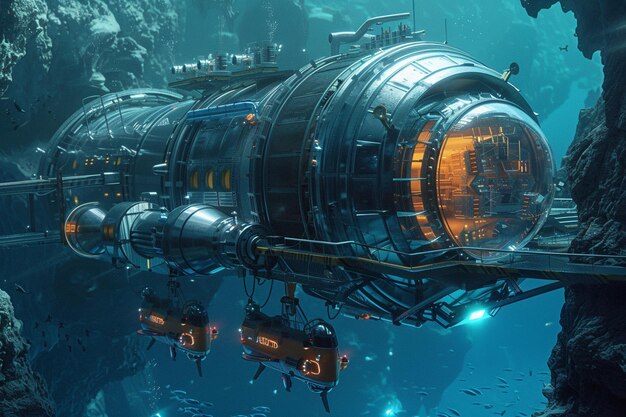 Photo a space ship in the water with a red arrow pointing at the bottom