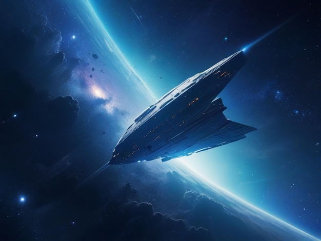 Photo a space ship with a blue background and a planet in the sky