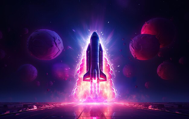 a space ship with a purple light and planets in the background