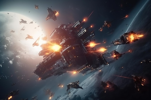 Space ships in battle Ai art Scifi scene of space ships fight