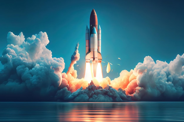 Space shuttle on blue background Rocket in the sky Space ship in space Elements of this image furnished by NASA Generative Ai