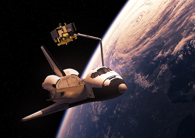 Space Shuttle Deploying Satellite