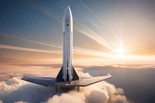 A space shuttle flying above the clouds with the sun behind it