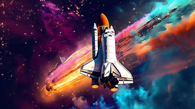 Space shuttle flying in a colorful space scene