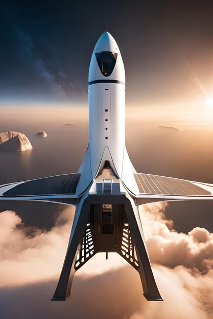 A space shuttle flying in the sky with clouds in the background