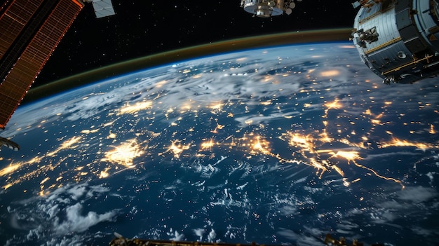 Space shuttle from earth planet illuminated by artificial lights at night showcasing urban areas as