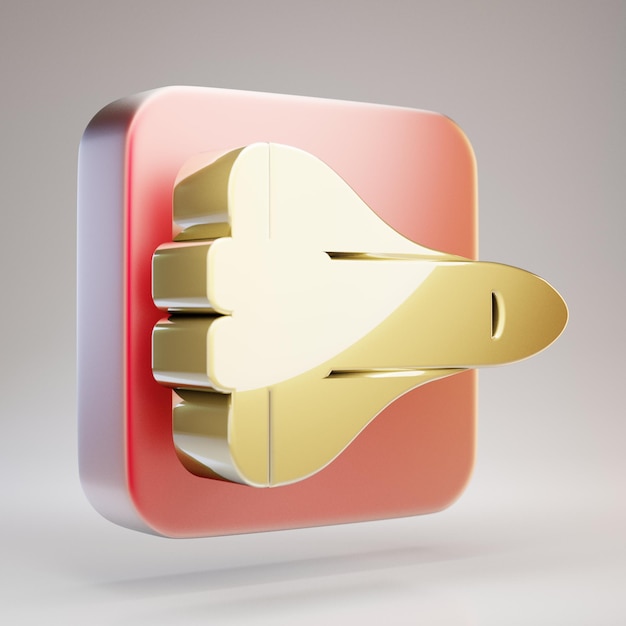 Space shuttle icon. golden space shuttle symbol on red matte\
gold plate. 3d rendered social media icon.