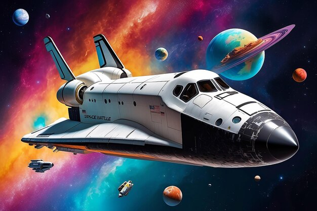 A space shuttle is flying in a colorful space ship