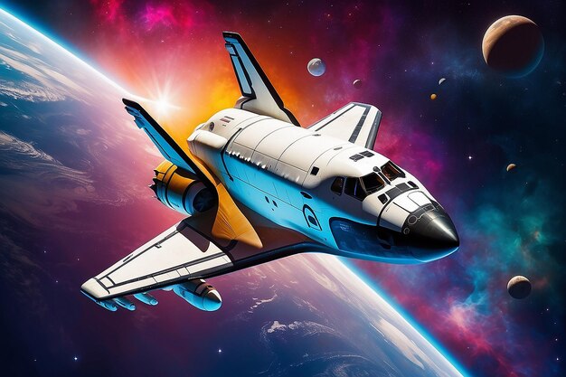 A space shuttle is flying in a colorful space ship