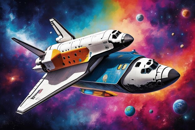 A space shuttle is flying in a colorful space ship