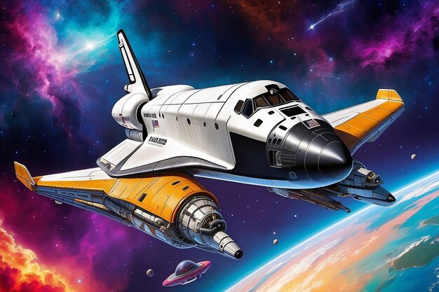 A space shuttle is flying in a colorful space ship