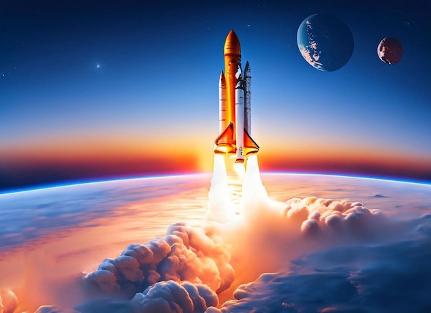 Space shuttle launch in outer space from Earth Rocket on orbit of the planet