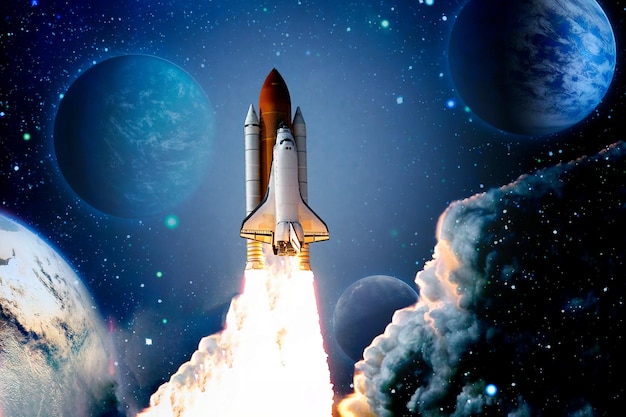 Space shuttle launch Space with stars on background Sky and clouds Spaceship flight Elements of this image furnished by NASA