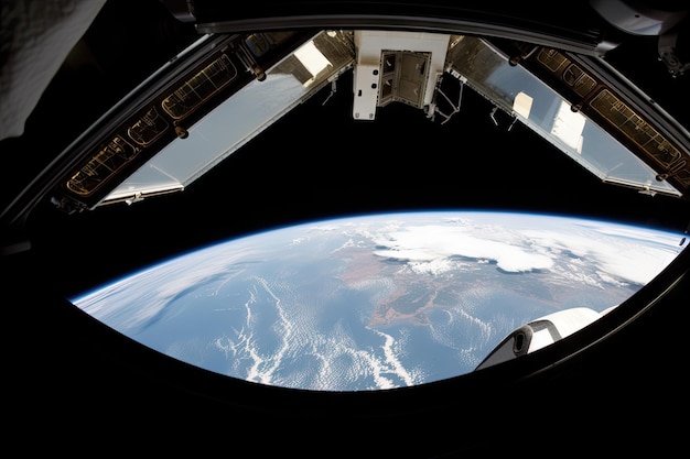 写真 窓から見える地球の景色を望む飛行中のスペースシャトル