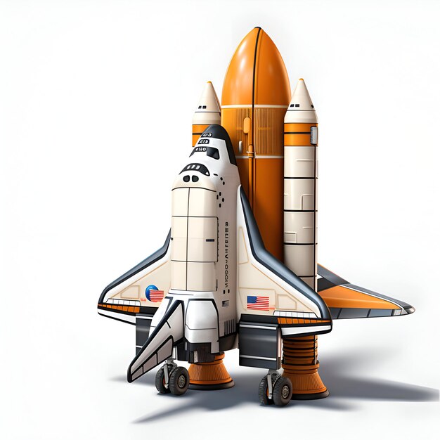 Foto space shuttle op wielen op witte achtergrond 3d-rendering illustratie