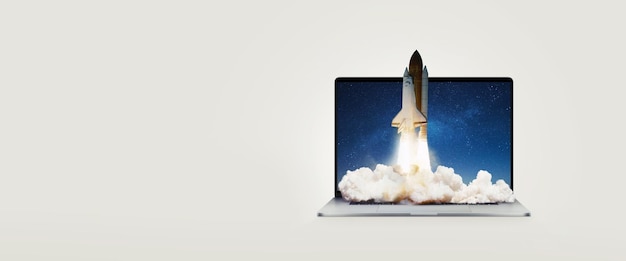 space shuttle rocket ship successfully takes off from a laptop on gray background rocket with smoke launch laptop and growth optimization concept startup boost creative idea business lift off