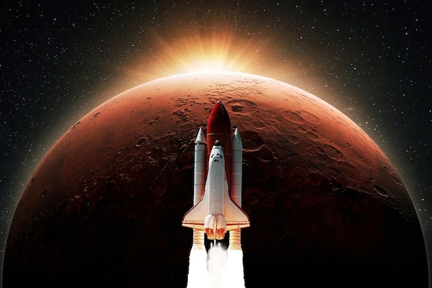 Space shuttle rocket with blast takes off to the red planet mars with dawn rays light Successful launch of the spacecraft Space mission to mars creative