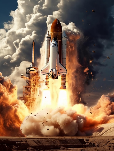 A space shuttle taking off with a fire burning in the background.