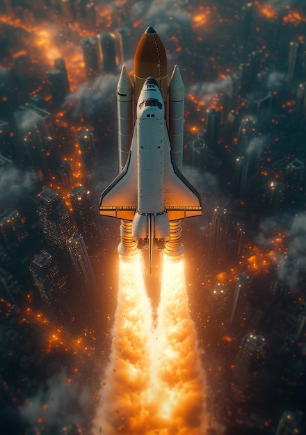 Space shuttle vertrekt in de nachtelijke hemel