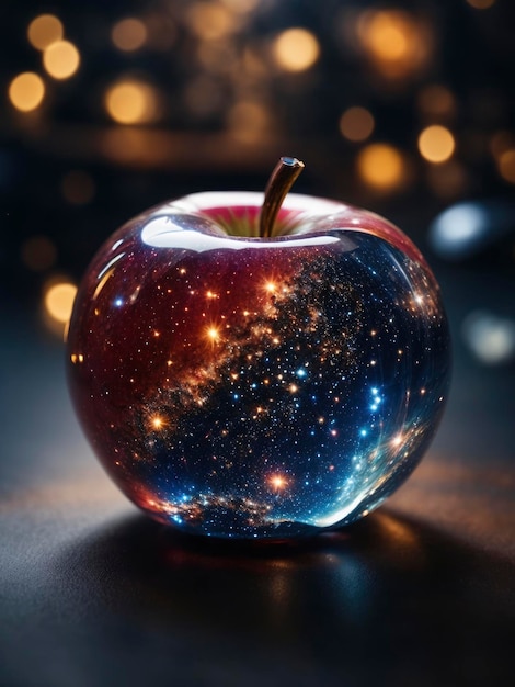 크리스탈로 만든 사과 안에 우주 별과 은하계