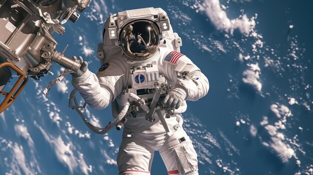 A space station astronaut performs a spacewalk while working in outer space