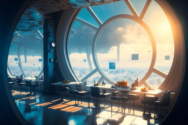 Space station cafe interior with large round window with cloudy atmosphere behind in scifi