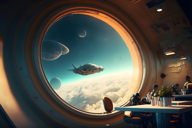 Space station cafe interior with large round window with cloudy atmosphere behind in scifi