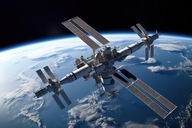 A space station is shown above the earth